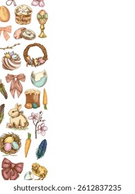 Hand drawn colored vintage Easter vertical border with egg, bunny, chick, willow, bow and festive elements
