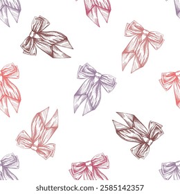 Hand drawn colored  vintage seamless pattern of decorative bows