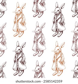 Hand drawn colored vintage seamless pattern of an Easter bunny in coat

