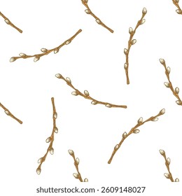 Hand drawn colored vintage seamless pattern of pussy willow branches for Easter