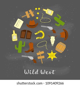 Hand drawn colored Wild West elements composed in circle shape with lettering.