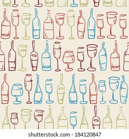 hand drawn colored wine glasses and bottles in rows seamless pattern, sketch lines