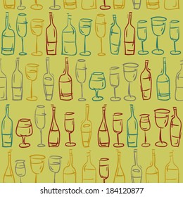 hand drawn colored wine glasses and bottles in rows seamless pattern, sketch lines