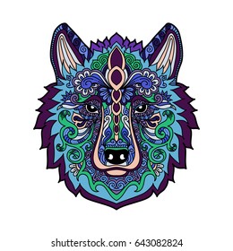 Hand drawn colored wolf with ethnic floral doodle pattern zentangle style isolated on white background with stars. design for cards, prints, t-shirts, vector illustration