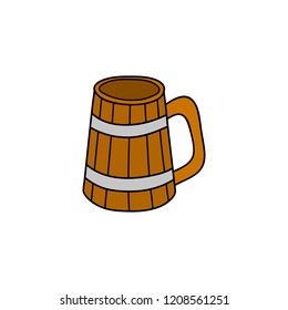 Hand drawn colored wooden mug for beer isolated on white background.