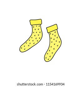Hand drawn colored yellow knitted socks isolated on white background.