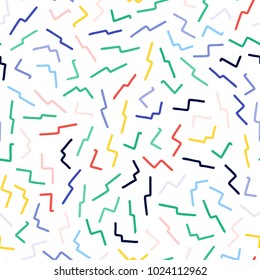 Hand drawn colorful abstract confetti seamless pattern. Pop art fashion festival abstract background in memphis style.