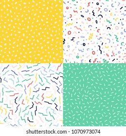 Hand drawn colorful abstract confetti seamless pattern set. Pop art fashion festival abstract background in memphis style.