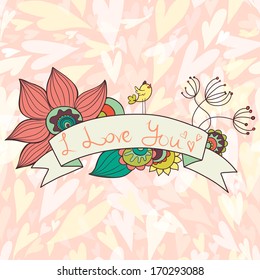 Hand drawn colorful abstract doodle frame with hearts seamless pattern on background. Stylish floral valentine card with text box.