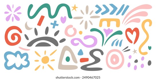 Hand drawn colorful abstract elements in modern trendy doodle style. Various shapes of different colors, organic forms, comic decorations isolated on white background. Colored flat vector illustration