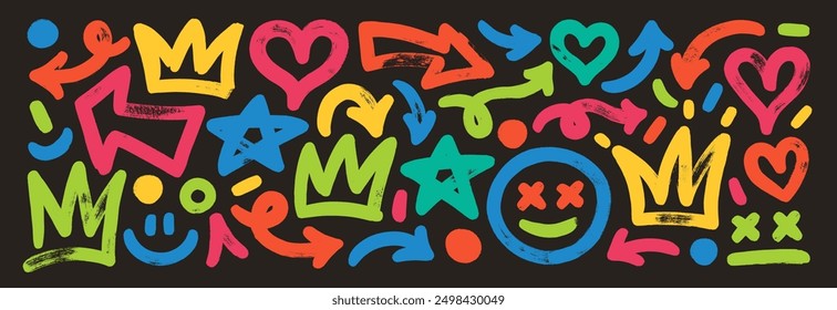 Hand drawn colorful abstract scribbles and squiggles, graffiti style doodle elements like smiles, crowns, arrows and hearts. Bold brush drawn elements. Punk grunge style symbols for collages.