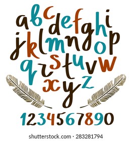 Hand drawn colorful alphabet, font, letters, numbers, feathers on white background  