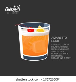 Hand Drawn Colorful Amaretto Sour Summer Cocktail Drink glass with lemon and cherry. Handwritten Cocktail Recipe vector illustration