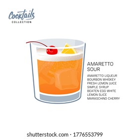 Hand Drawn Colorful Amaretto Sour Summer Cocktail Drink glass with lemon and cherry. Handwritten Cocktail Recipe vector illustration on white