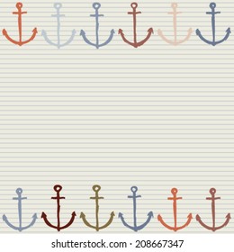 hand drawn colorful anchors on striped background seamless pattern with empty space for text