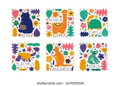 Hand drawn colorful animals collection with flowers and leaves. Cute kids style  template design on white background. Vector illustration