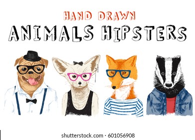 Hand drawn colorful animals hipsters set - pug, fennec, fox and budger