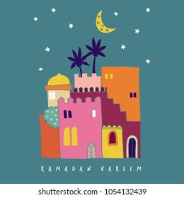 Hand drawn colorful arab houses with moon and stars. Moroccan or mideast town. Greeting card, invitation for Muslim holiday Ramadan Kareem.  Vector illustration, background, flat design.