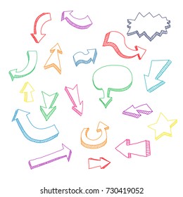 Hand drawn colorful arrow set isolated on a white background. Vector illustration.