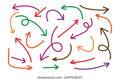 Conjunto de iconos de vector de flecha colorida dibujada a mano. Símbolo de flecha, dirección y flujo del boceto. Ilustración vectorial.