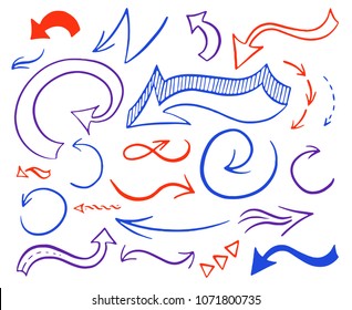 Hand drawn colorful arrows set. Collection of blue, red and purple symbols isolated over white background. Vector illustration.