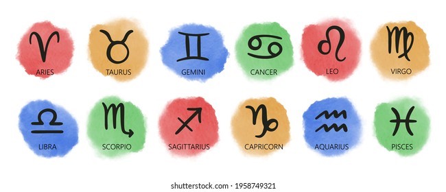 Hand drawn colorful astrological signs set. Zodiac signs. Star signs for astrology horoscope. Vector illustration