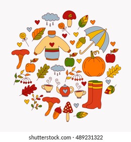 Hand drawn colorful autumn fall set in  circle round collection for decoration