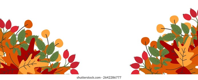 Hand drawn Colorful Autumn leaves bouquets Composition Double sided Frame border Copy space Template
