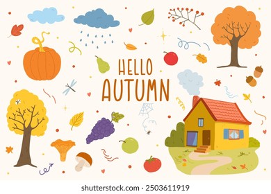 Hand drawn colorful autumn set in doodle style with cute lettering. Seasonal vector illustration design with house and lawn, leaves, trees, clouds, vegetables, acorns, mushrooms elements