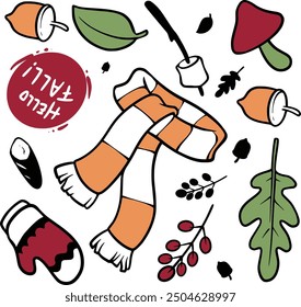 Hand Drawn Colorful Autumn Vibes. Vibrant hand-drawn autumn scenes with colorful leaves, cozy sweaters, and pumpkin accents. Perfect for seasonal projects and warm, inviting designs