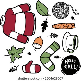 Hand Drawn Colorful Autumn Vibes. Vibrant hand-drawn autumn scenes with colorful leaves, cozy sweaters, and pumpkin accents. Perfect for seasonal projects and warm, inviting designs