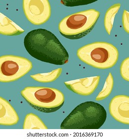 Hand drawn colorful avocado. Vector illustration in retro style. Seamless pattern.