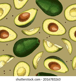Hand drawn colorful avocado. Vector illustration in retro style. Vector seamless pattern.