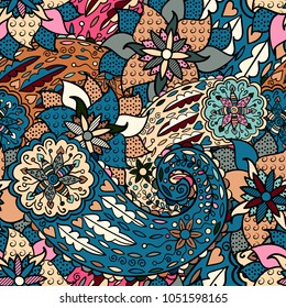 Hand drawn colorful aztec pattern with artistic pattern. Seamless pattern can be used for wallpaper, pattern fills, web page background, surface textures. Bright colors.