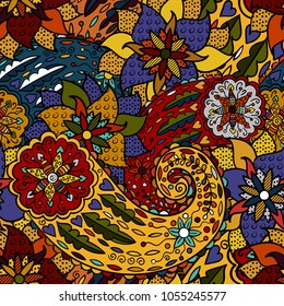 Hand drawn colorful aztec pattern with artistic pattern. Seamless pattern can be used for wallpaper, pattern fills, web page background, surface textures. Bright colors.