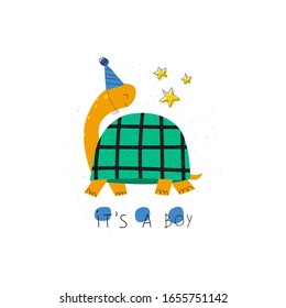 Hand drawn colorful baby shower greeting card template. Cute turtle with stars and text It's a boy. Flat vector illustration