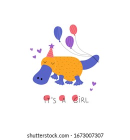 Hand drawn colorful baby shower greeting card template. Cute platypus with balloons, hearts and text It's agirl. Flat vector illustration