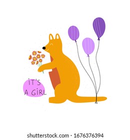 Hand drawn colorful baby shower greeting card template. Cute kangaroo with balloons, flowers and text It's a girl. Flat vector illustration