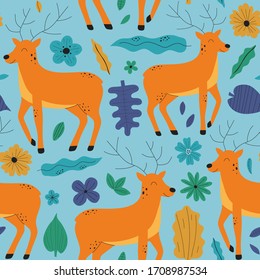 Hand drawn colorful background with deers, flowers and leaves. Cute kids style seamless pattern design. Vector illustration