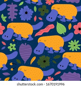 Fondo de colofrul dibujado a mano con platypus, flores y hojas. Diseño de patrones impecable al estilo de los niños. Ilustración del vector