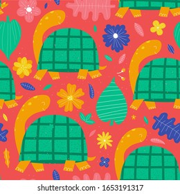 Fondo de colofrul dibujado a mano con tortuga, flores y hojas. Diseño de patrones impecable al estilo de los niños. Ilustración del vector