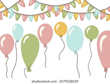 Hand drawn colorful balloons and festive garlands background create a cheerful atmosphere for celebrations vector illustration