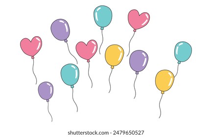 Hand drawn colorful balloons on white background.