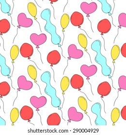 Hand drawn colorful balloons pattern with pattern in swatch. Great for background, card, greeting, invitation, wrapping paper, pajama pattern. Heart balloon. Abstract doodle backdrop. Vector