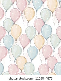 Hand Drawn Colorful Balloons Vector Pattern. Pastel Color Happy Balloons. Watercolor Style Balloons Vector Design. Pink, Blue, Yellow and Gree Mint Flying Air Balloons on a White Background.