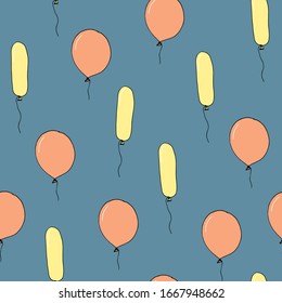 Hand Drawn Colorful Balloons Vector Pattern. Pastel Color Happy Balloons. Pink and Yellow Flying Air Balloons on a Blue Background.