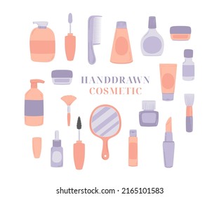 Hand drawn colorful beauty care cosmetic packaging, container and tools.