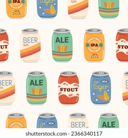 Hand drawn colorful beer in aluminum cans. Different beer types, labels. Square seamless pattern. Design elements for menu restaurant, pub.