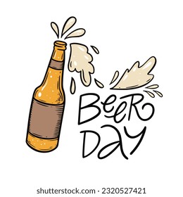 Hand drawn colorful beer bottle and beer day lettering phrase. Isolated art on white background.