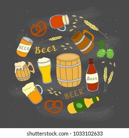 Hand drawn colorful beer items composed in circle shape.